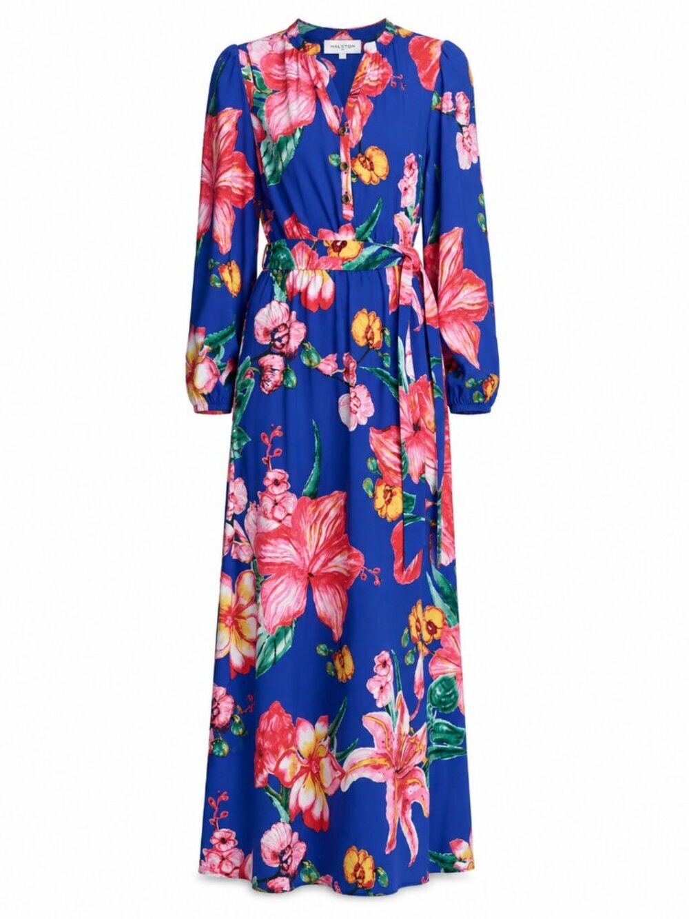 Halston Floral Print Long Sleeve Blue Maxi Dress Belt Waist NWT Size 10